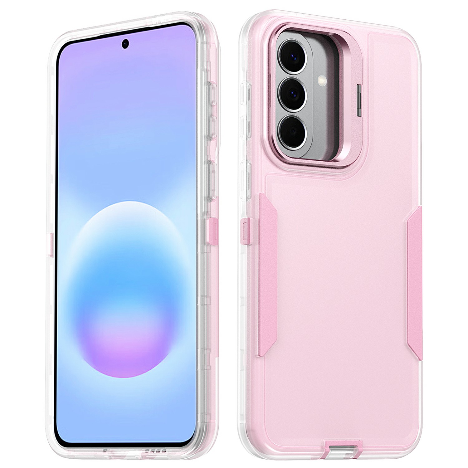 For Samsung Galaxy A57 5G Case TPU + PC Hybrid Phone Cover with Alloy Lens Frame Kickstand - Transparent  /  Pink