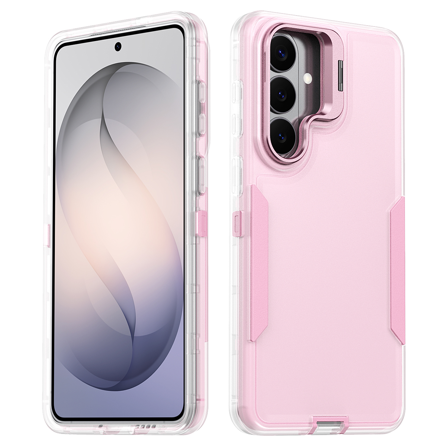 For Samsung Galaxy S24  /  Galaxy S25 Case TPU + PC Hybrid Phone Cover with Alloy Lens Frame Kickstand - Transparent  /  Pink
