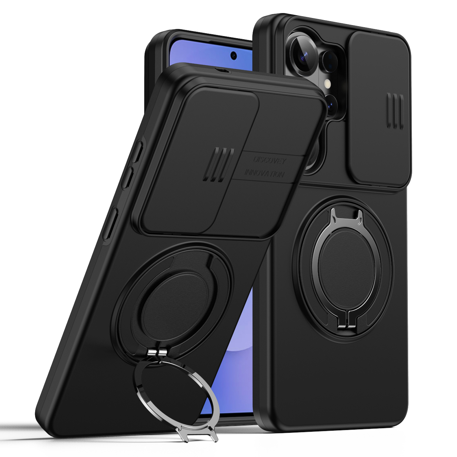 For Samsung Galaxy S25 Ultra Magnetic Case Ring Kickstand Slide Camera Cover TPU PC Hybrid Phone Shell - Black