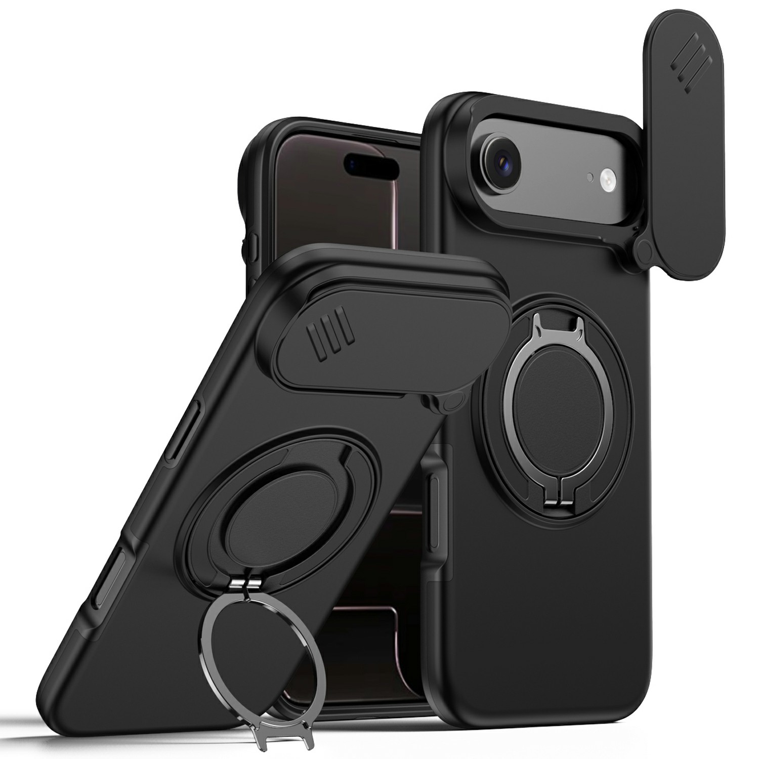 For iPhone Air Magnetic Case Ring Kickstand Slide Camera Cover TPU PC Hybrid Phone Shell - Black