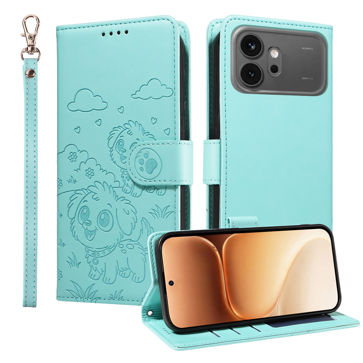 For Honor 600 Pro 5G / Honor 600 5G Case RFID Blocking Imprinted Dog Pattern PU Leather Phone Cover with Wrist Strap - Green