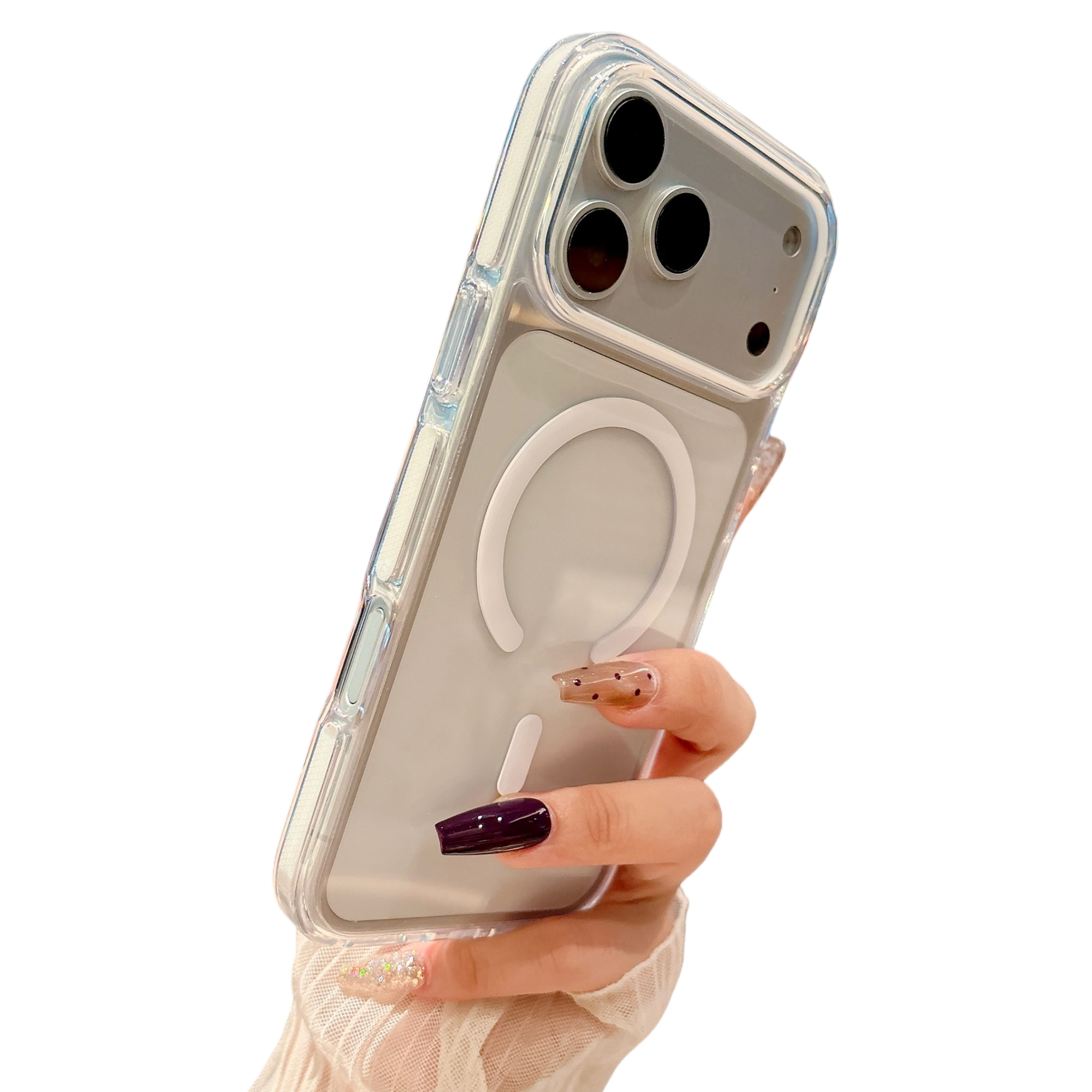 For iPhone 17 Pro Max Magnetic Case Clear PC TPU TPE Shockproof Cover Compatible with MagSafe - White