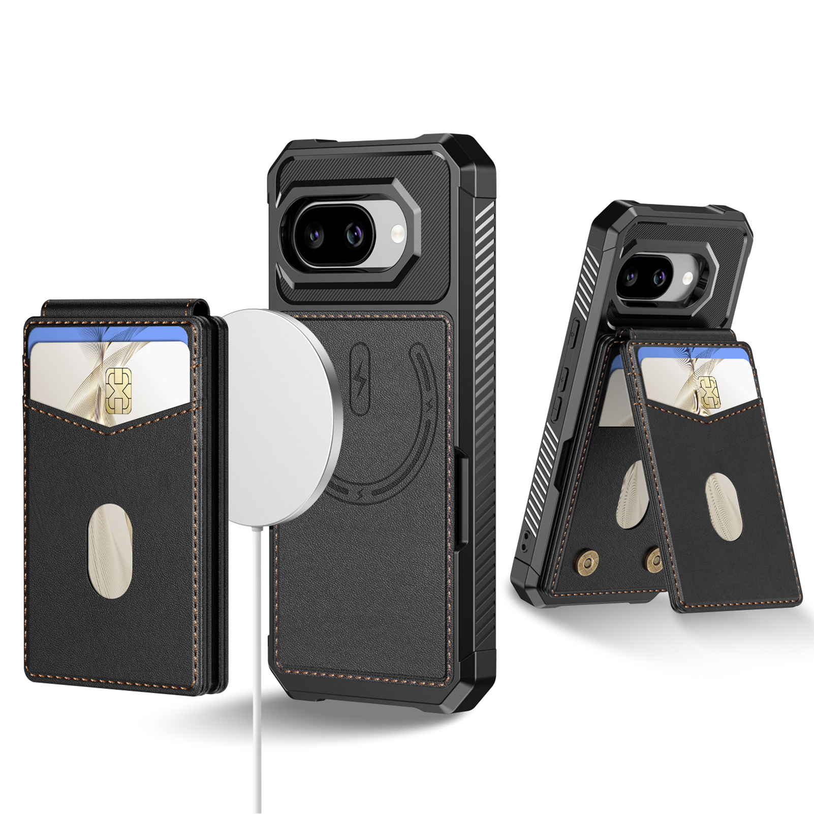 For Google Pixel 10a Magnetic Case Detachable Card Slot Kickstand Leather + TPU Phone Cover - Black