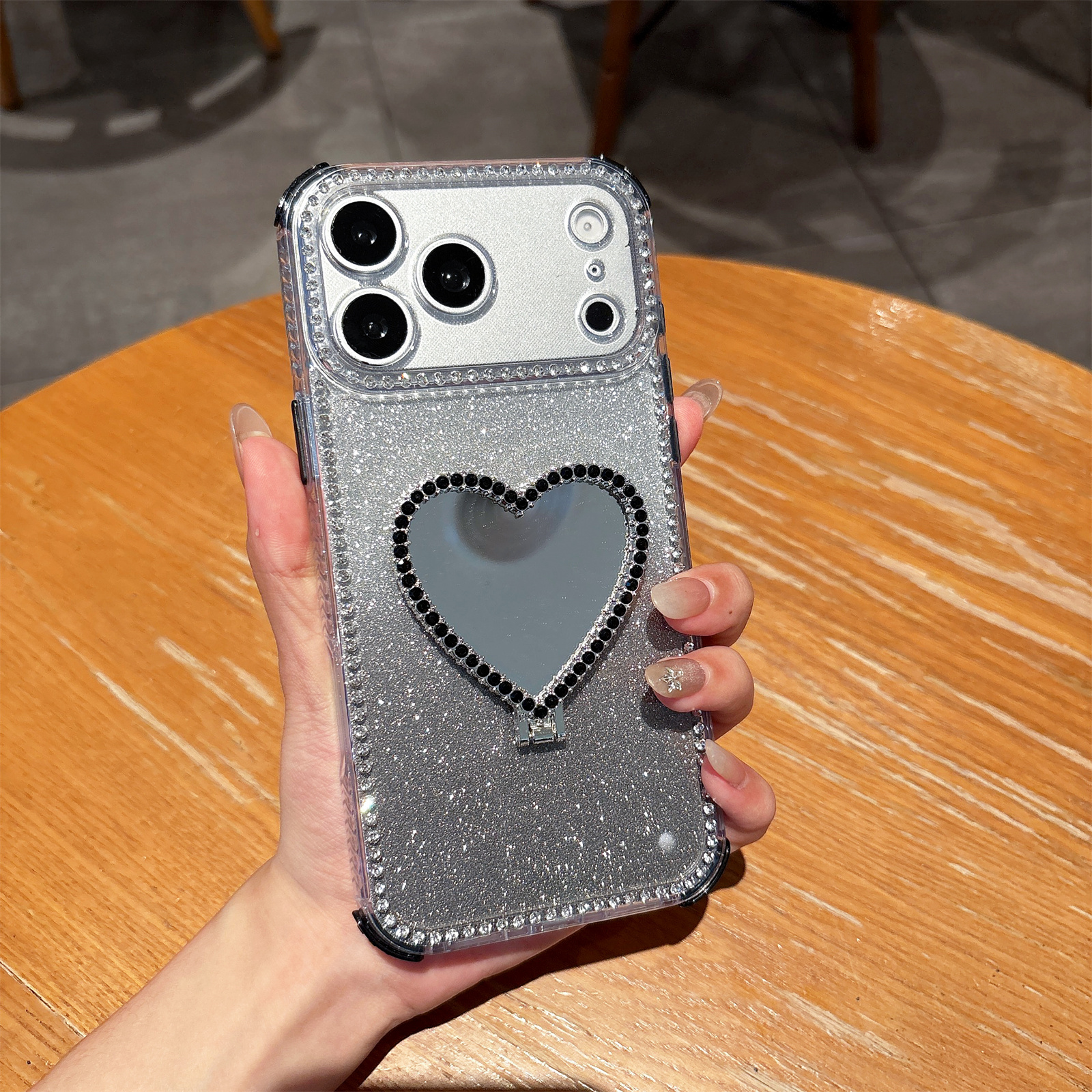 For iPhone 17 Pro Max Case with Heart Shape Kickstand 2 in 1 Rhinestone Glitter PC TPU Shockproof Cover - Black