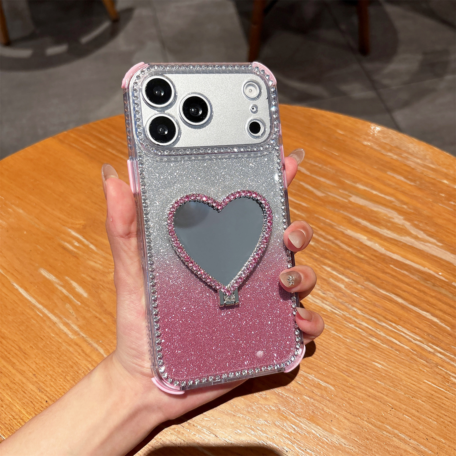 For iPhone 17 Pro Max Case with Heart Shape Kickstand 2 in 1 Rhinestone Glitter PC TPU Shockproof Cover - Pink