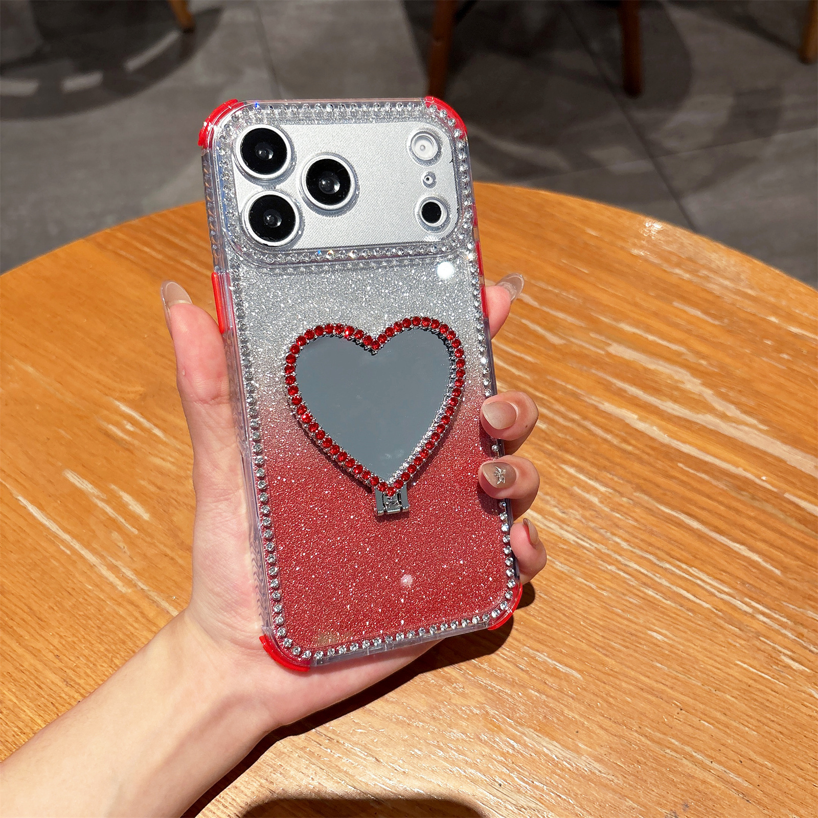 For iPhone 17 Pro Max Case with Heart Shape Kickstand 2 in 1 Rhinestone Glitter PC TPU Shockproof Cover - Red