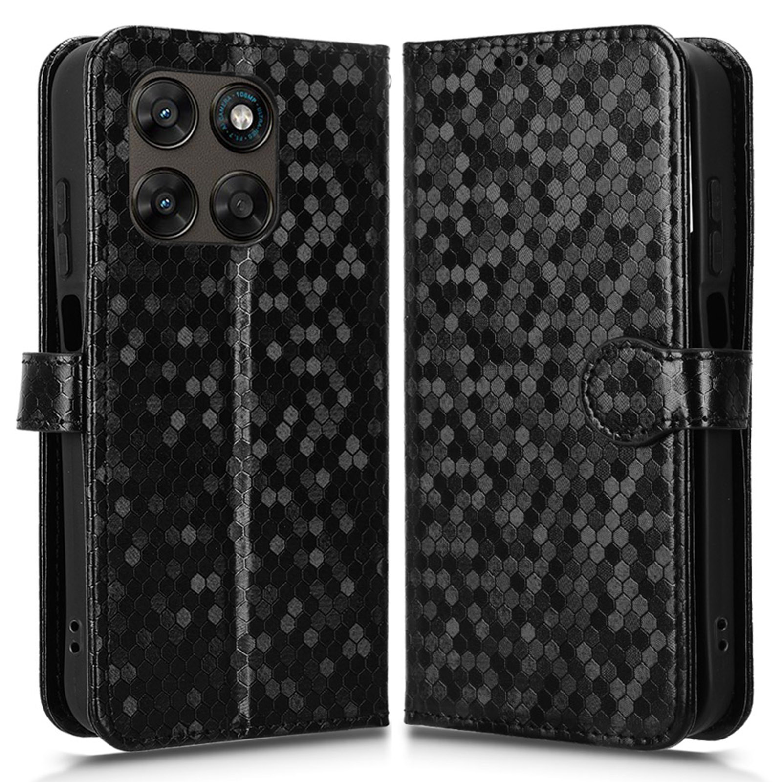 For Motorola Moto G77 5G  /  Moto G67 5G Wallet Case Dot Pattern Imprint PU Leather Phone Cover with Wrist Strap - Black