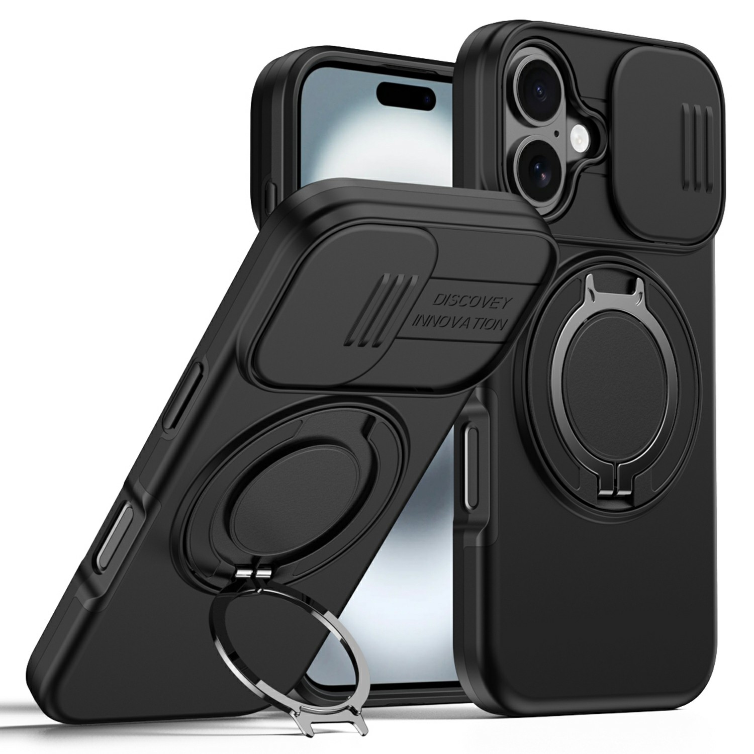 For iPhone 17 Case Magnetic Case Ring Kickstand Slide Camera Cover TPU PC Hybrid Phone Shell - Black