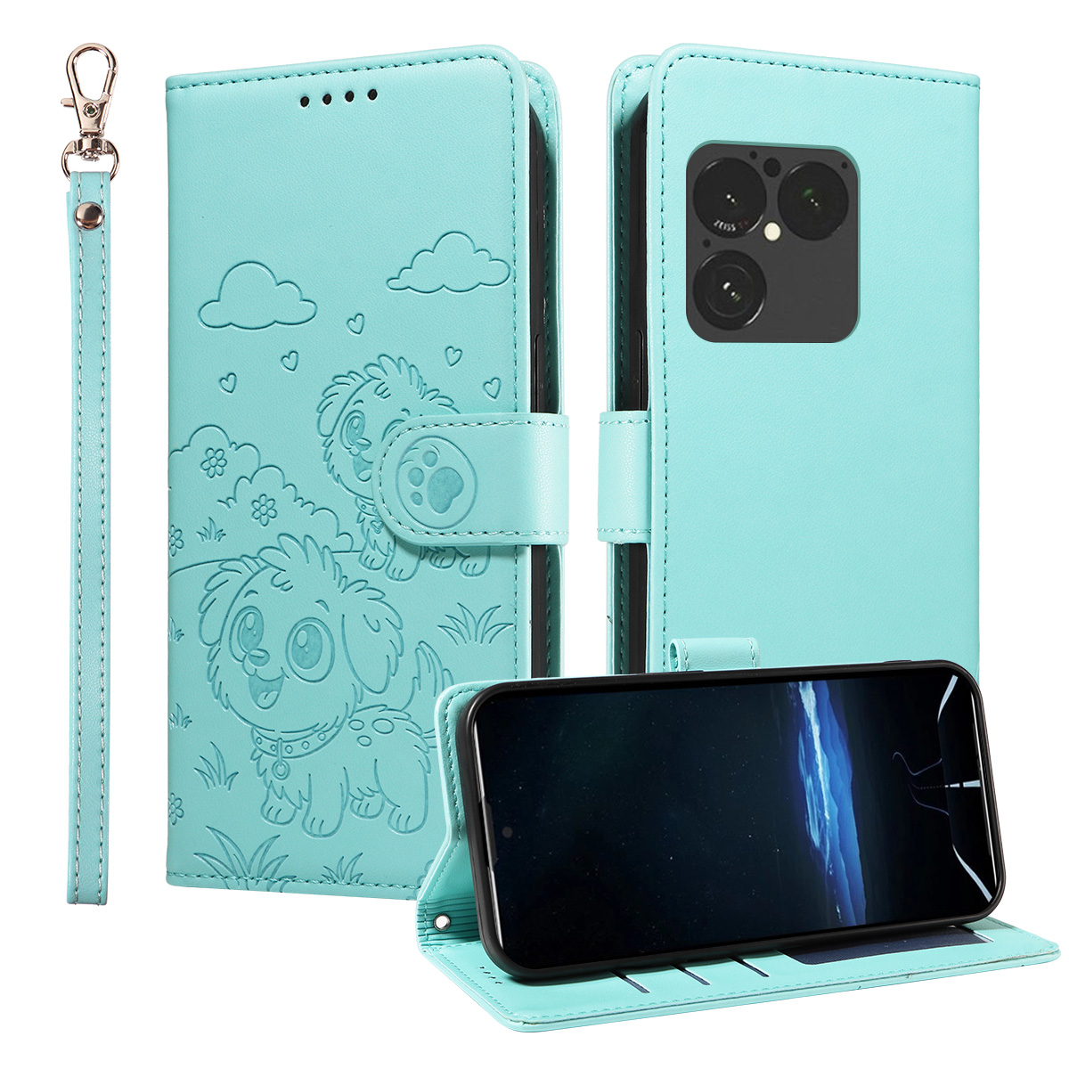 For Sony Xperia 1 VIII Case RFID Blocking Imprinted Dog Pattern PU Leather Phone Cover with Wrist Strap - Green