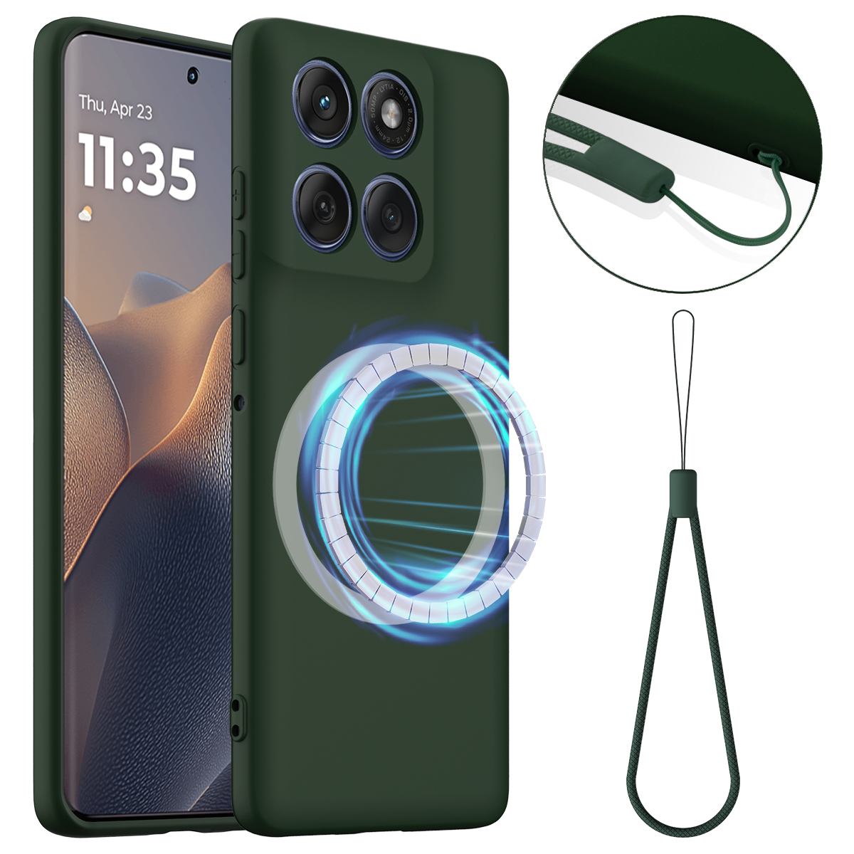 For Motorola Moto G77 5G / Motorola Moto G67 5G Magnetic Case Anti-Drop Liquid Silicone Phone Cover with Lanyard - Dark Green