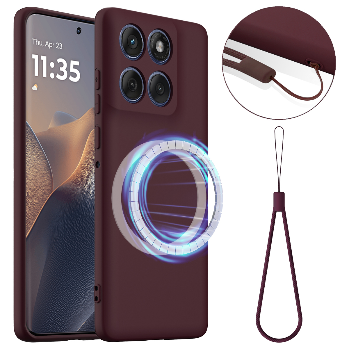 For Motorola Moto G77 5G / Motorola Moto G67 5G Magnetic Case Anti-Drop Liquid Silicone Phone Cover with Lanyard - Wine Red