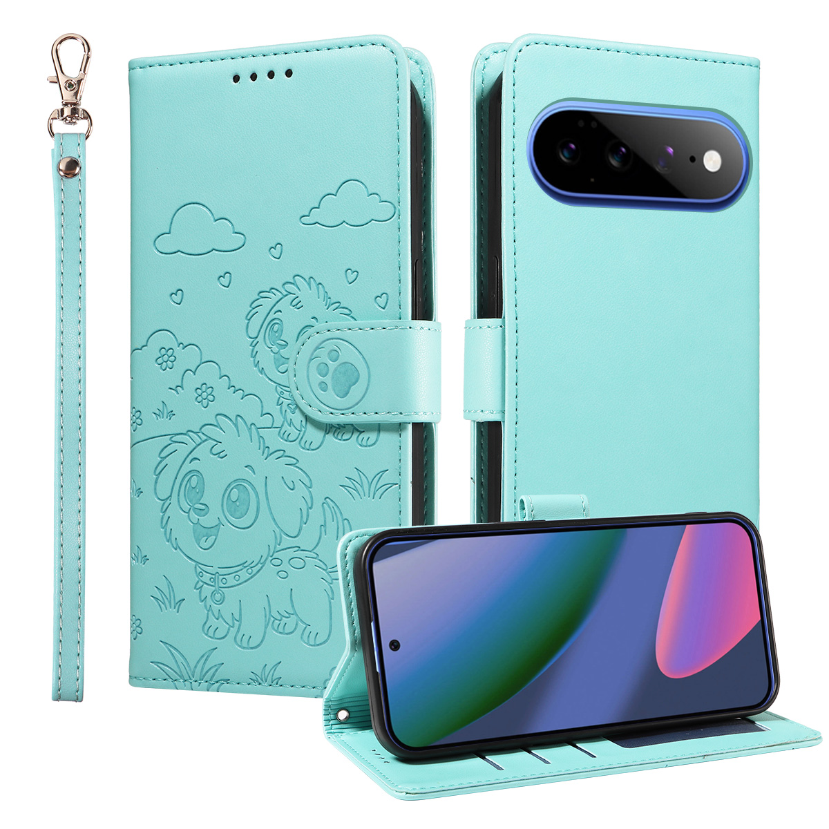 For Google Pixel 11 Pro XL Case RFID Blocking Imprinted Dog Pattern PU Leather Phone Cover with Wrist Strap - Green