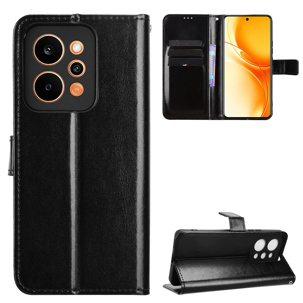 For Realme P4 Power 5G PU Leather Case with Strap Crazy Horse Texture Phone Wallet Cover - Black