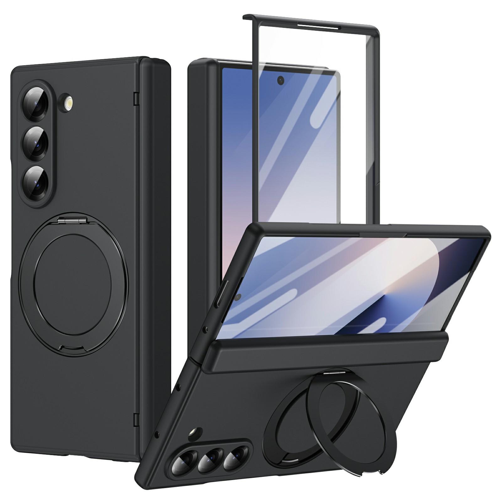 For Samsung Galaxy Z Fold6 5G Foldrable Case 360° Rotating Alloy Kickstand Hinge Protection Shockproof Cover with Glass Film - Black