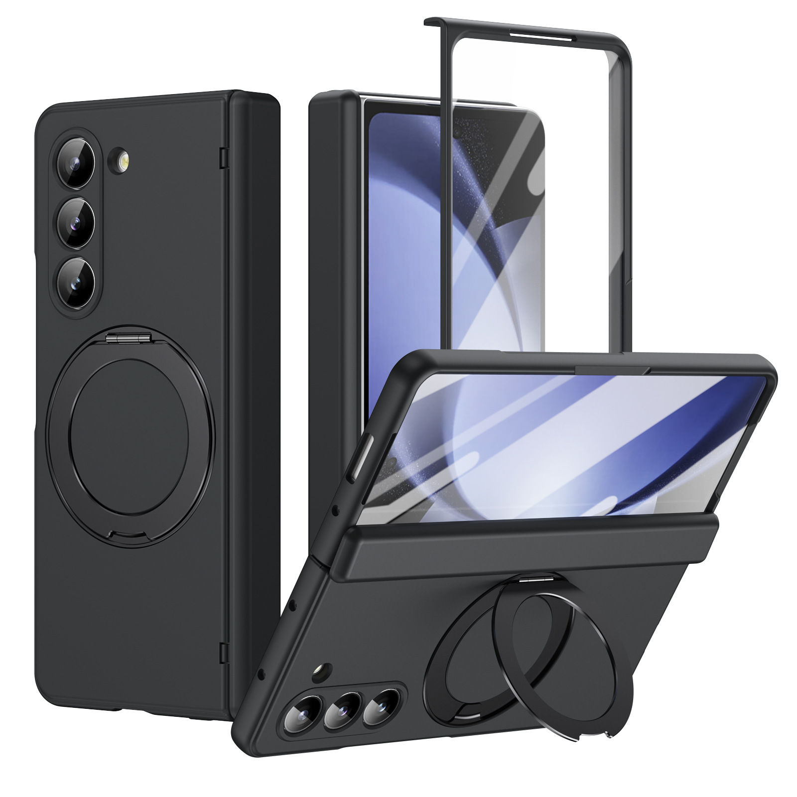 For Samsung Galaxy Z Fold5 5G Foldrable Case 360° Rotating Alloy Kickstand Hinge Protection Shockproof Cover with Glass Film - Black