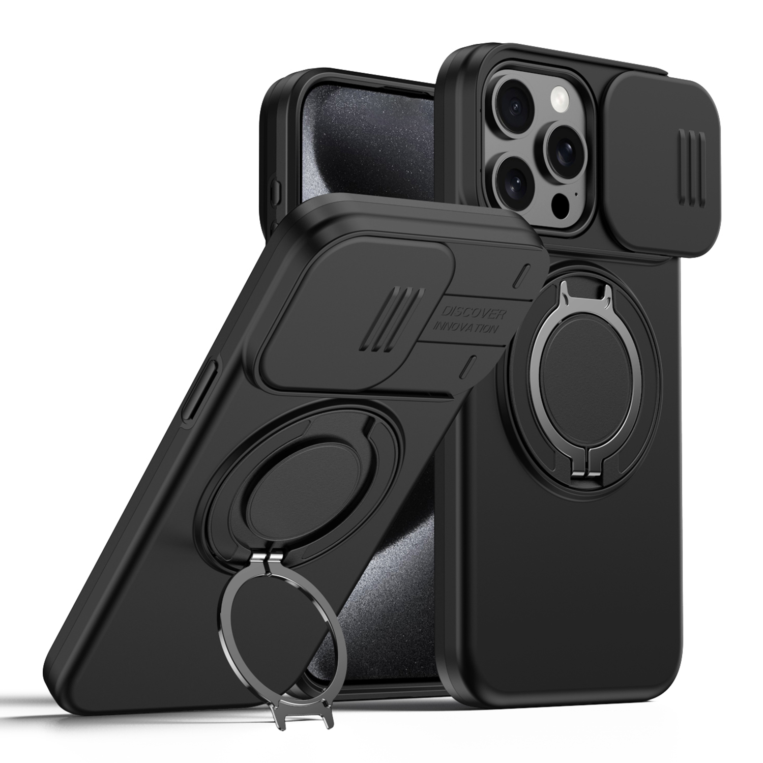 For iPhone 12 Pro Max  /  13 Pro Max Case Magnetic Case Ring Kickstand Slide Camera Cover TPU PC Hybrid Phone Shell - Black