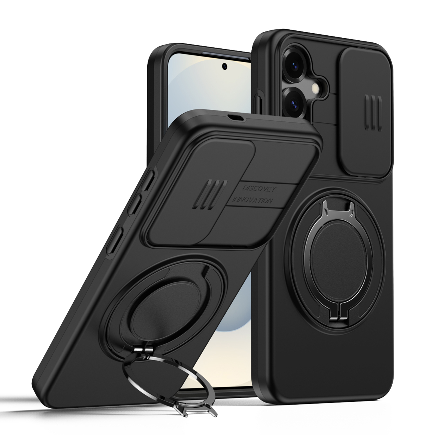 For Samsung Galaxy A55 5G Case Magnetic Case Ring Kickstand Slide Camera Cover TPU PC Hybrid Phone Shell - Black