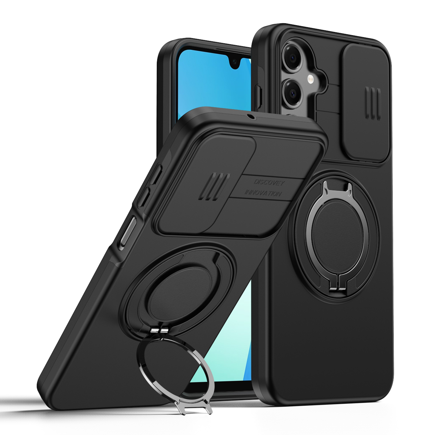 For Samsung Galaxy A26 5G Case Magnetic Case Ring Kickstand Slide Camera Cover TPU PC Hybrid Phone Shell - Black