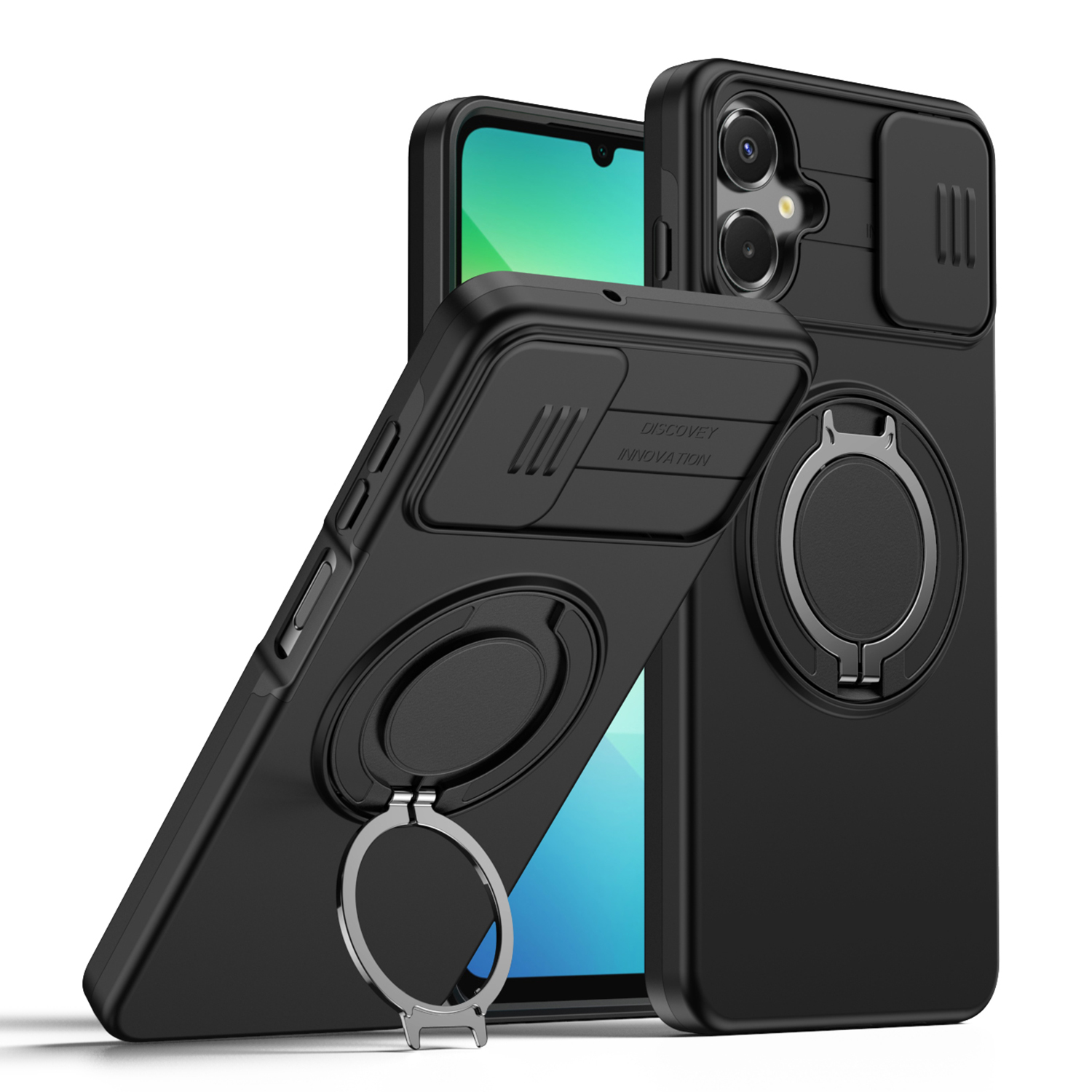 For Samsung Galaxy A07 4G  /  A07 5G Case Magnetic Case Ring Kickstand Slide Camera Cover TPU PC Hybrid Phone Shell - Black
