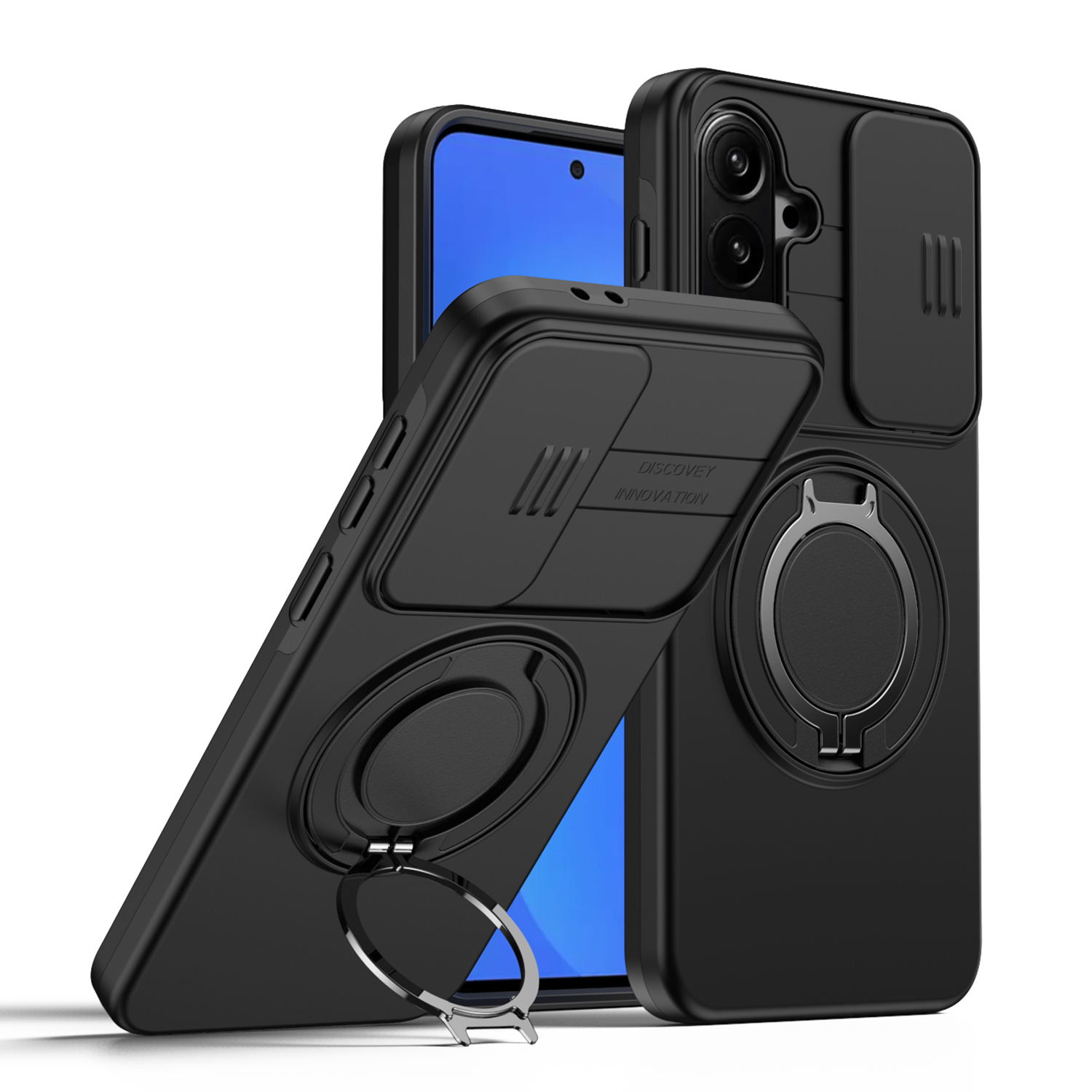 For Samsung Galaxy A56 5G Case Magnetic Case Ring Kickstand Slide Camera Cover TPU PC Hybrid Phone Shell - Black