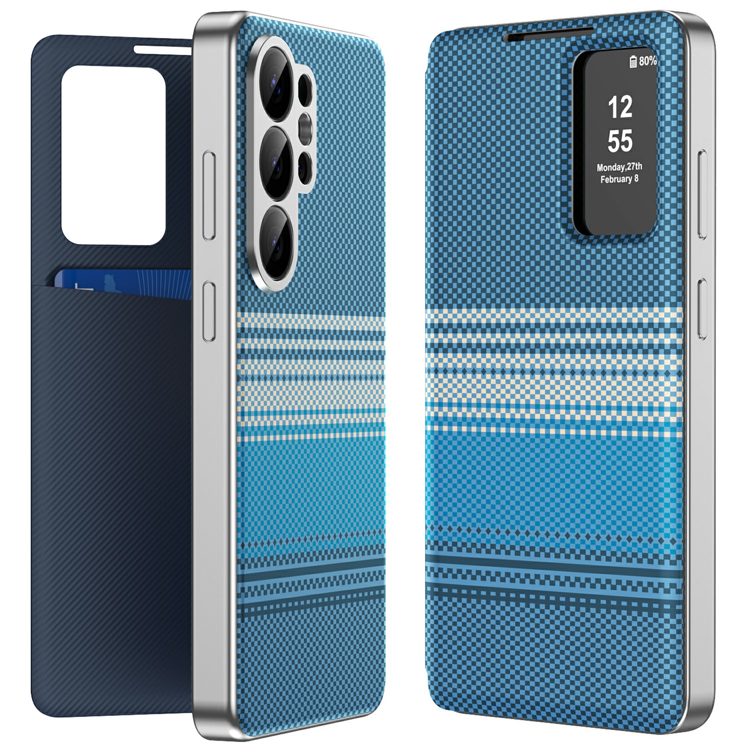 For Samsung Galaxy S26 Ultra Case Card Slot View Window Gradient Color Checkered Pattern Leather Phone Cover - Blue
