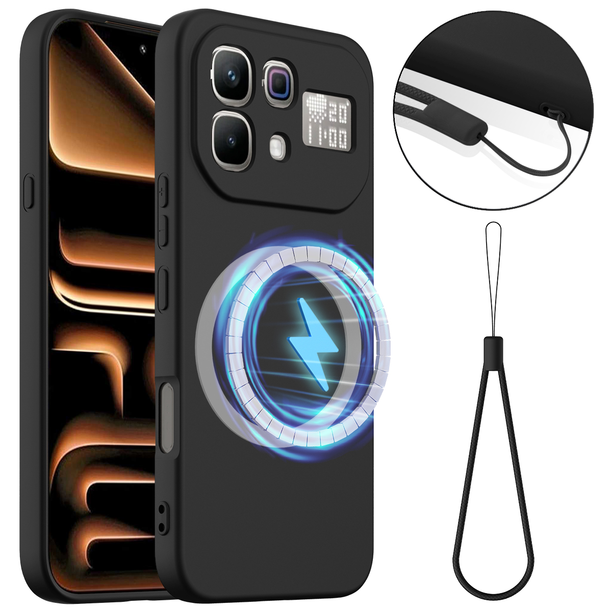 For Infinix Note 60 Pro 5G / Infinix Note 60 5G Magnetic Case Anti-Drop Liquid Silicone Phone Cover with Lanyard - Black