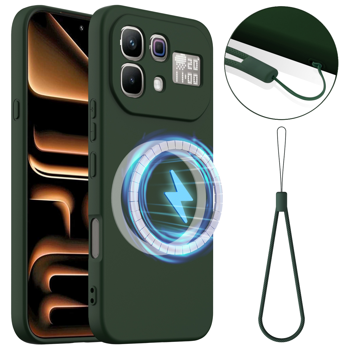 For Infinix Note 60 Pro 5G / Infinix Note 60 5G Magnetic Case Anti-Drop Liquid Silicone Phone Cover with Lanyard - Dark Green
