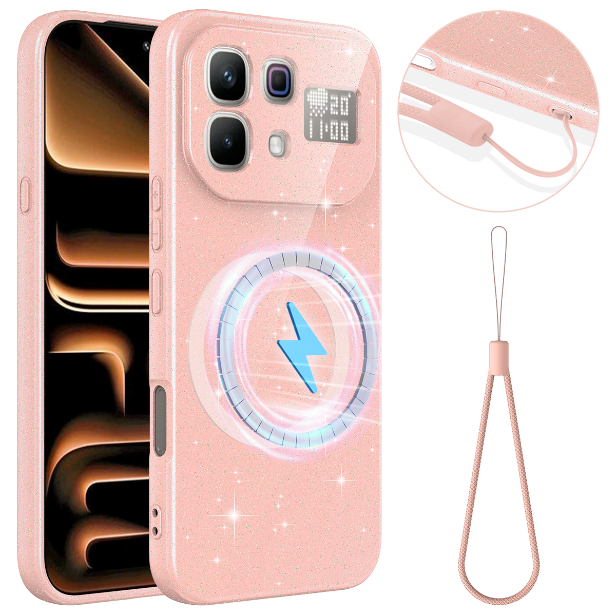 Magnetic Case For Infinix Note 60 5G  /  60 Pro 5G Glitter TPU Shockproof Phone Cover with Lanyard - Pink