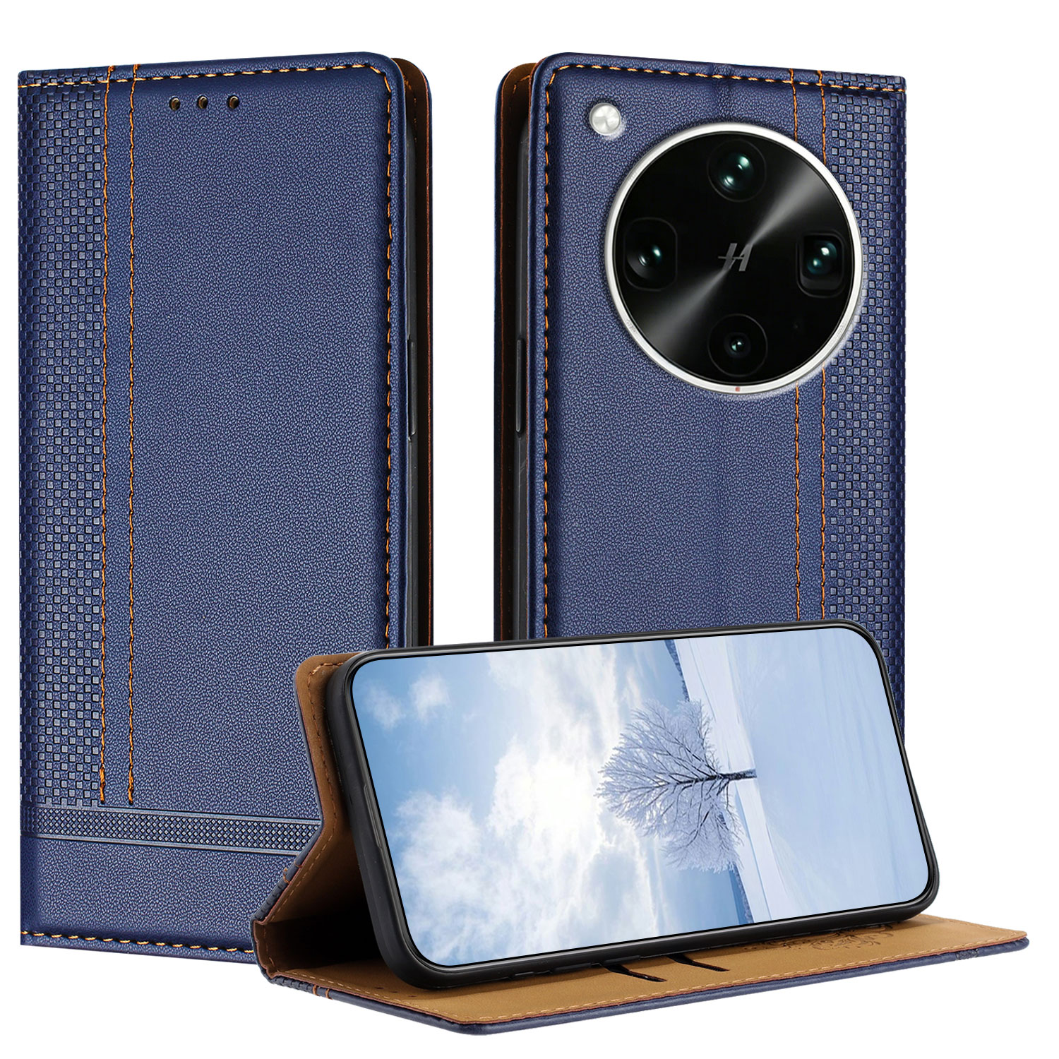 For Oppo Find X9 Ultra 5G Case L-Shaped Grid Pattern Leather Stand Phone Cover with Card Slots - Blue