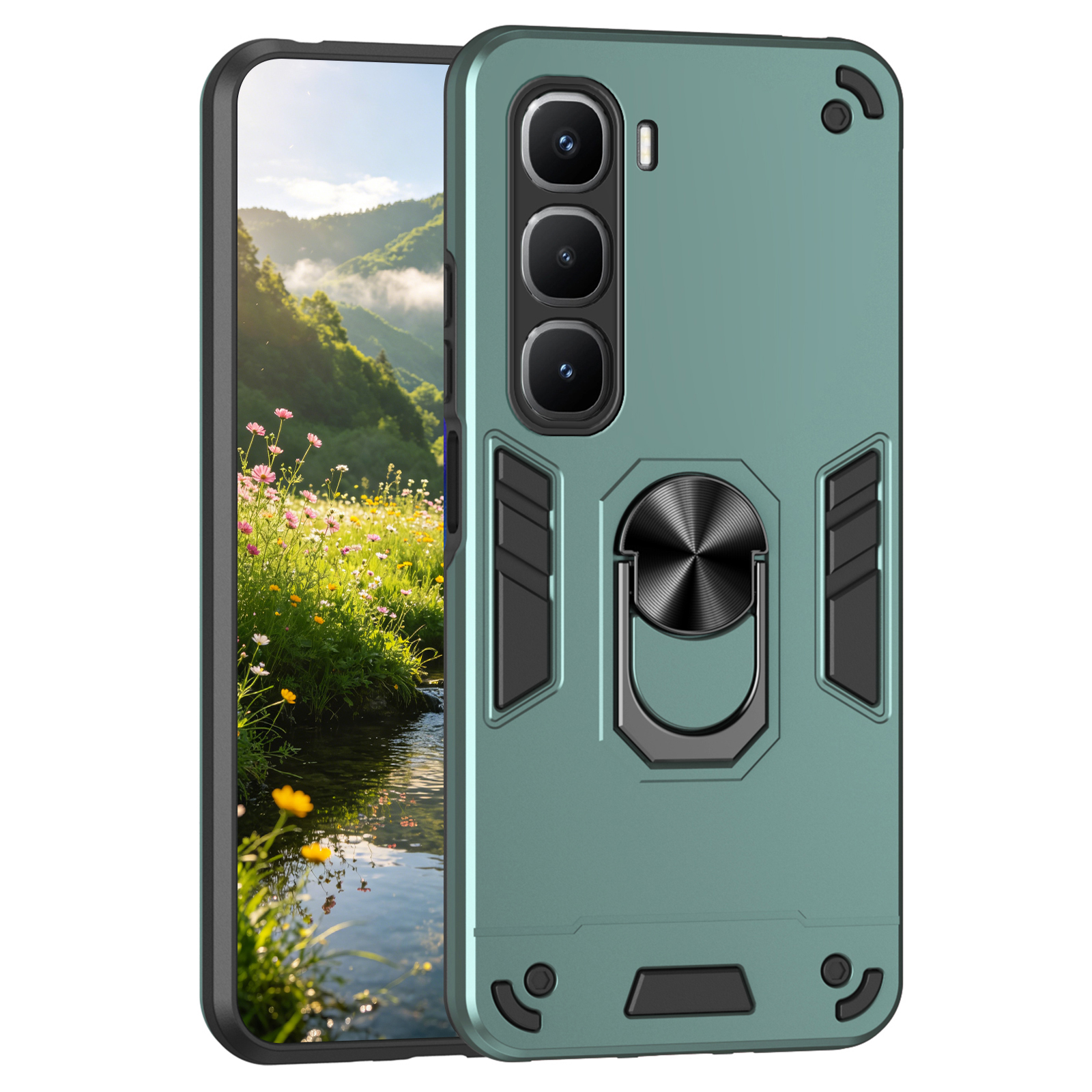 For Infinix Hot 60 Pro 4G Case PC + TPU Drop Defend Phone Cover with Ring Kickstand - Green