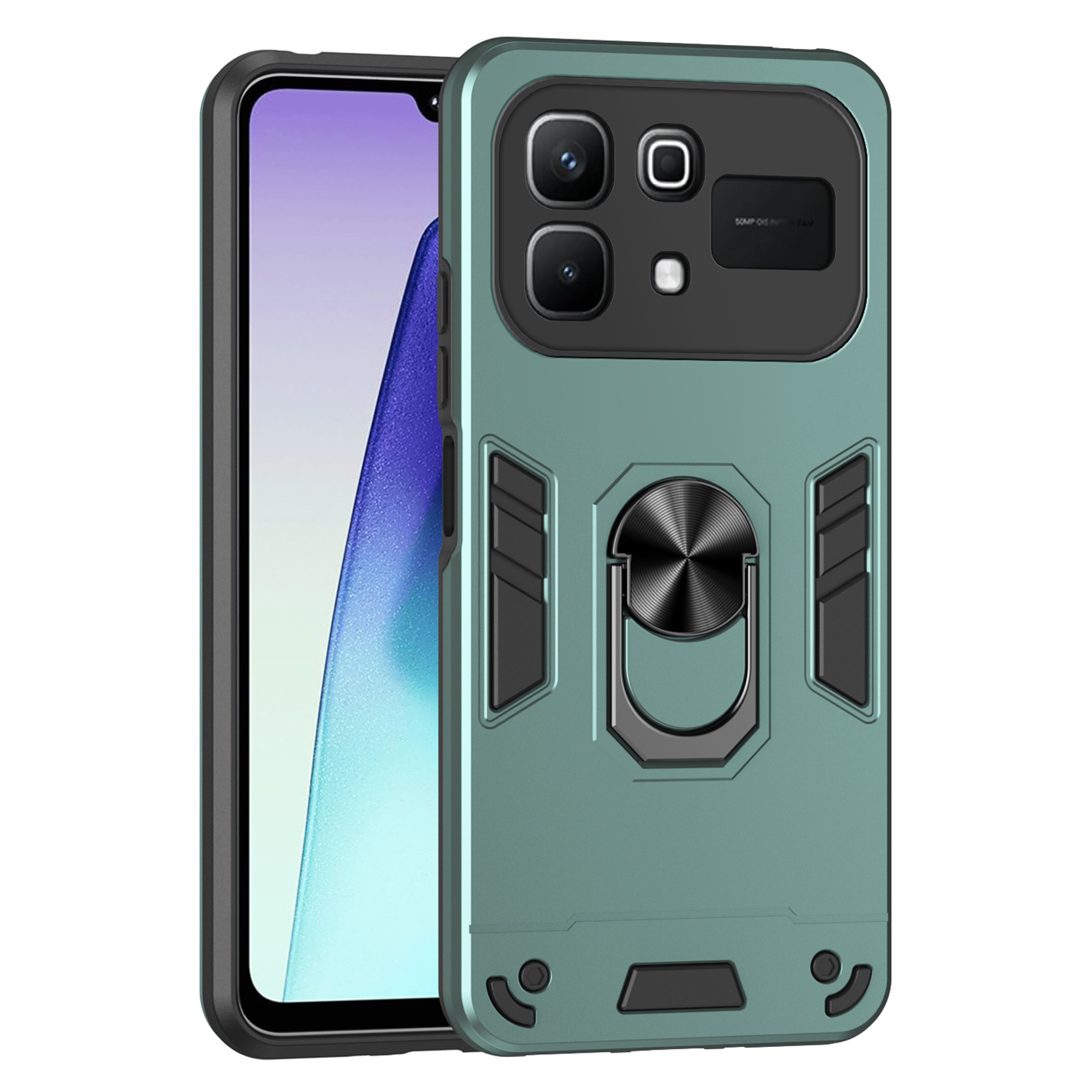 For Infinix Note 60 Pro 5G / Note 60 5G Case PC + TPU Drop Defend Phone Cover with Ring Kickstand - Green