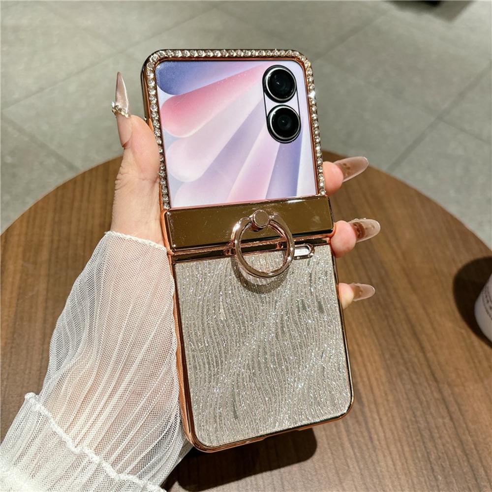 For Honor Magic V Flip 2 Case with Ring Holder Ripple Texture Hard PC Phone Cover with Rear Screen Film - Gold