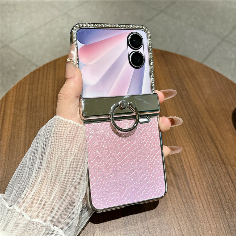 For Honor Magic V Flip 2 Case Fish Scale Texture Ring Holder PC Rhinestone Phone Cover - Pink