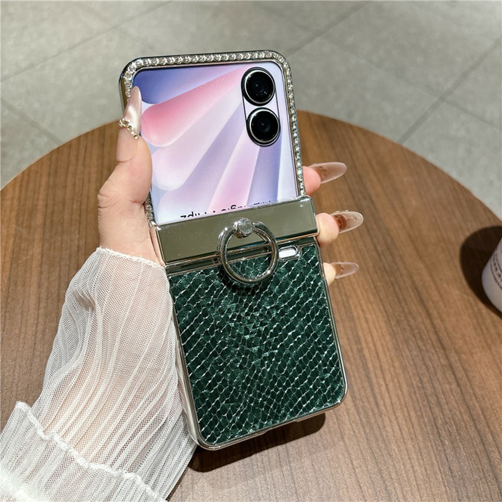 For Honor Magic V Flip 2 Case Fish Scale Texture Ring Holder PC Rhinestone Phone Cover - Green