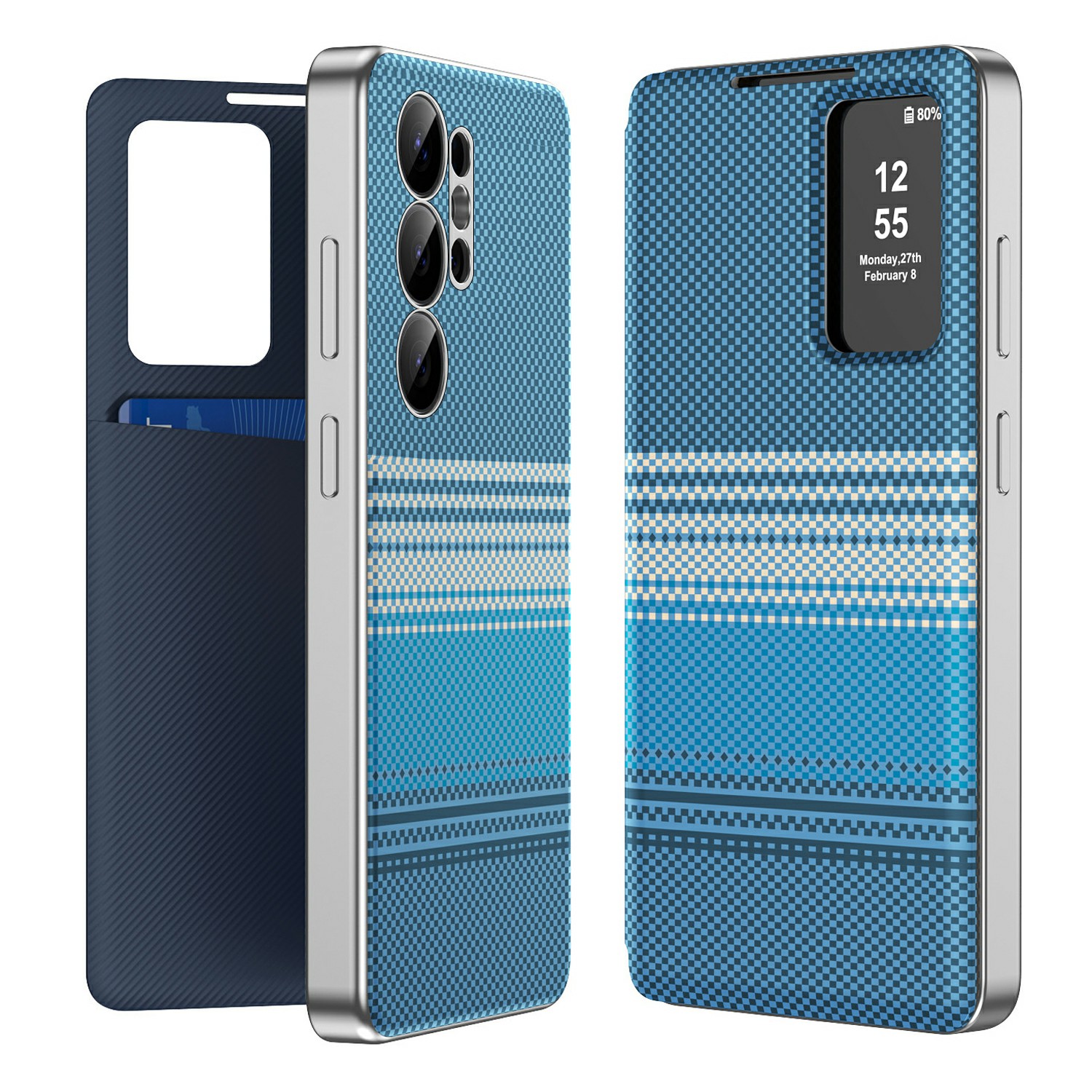 For Samsung Galaxy S24 Ultra Case Card Slot View Window Gradient Color Checkered Pattern Leather Phone Cover - Blue