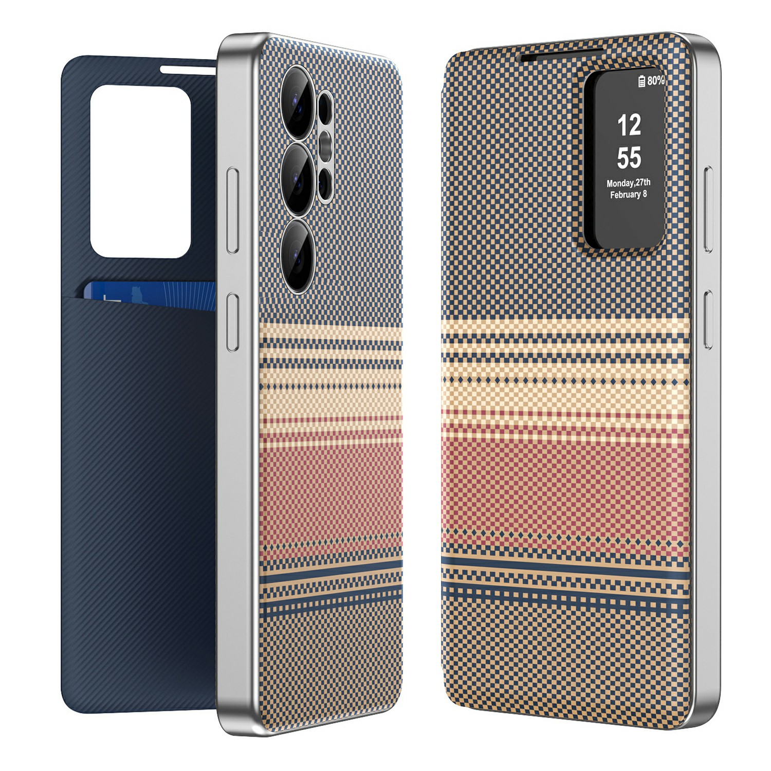 For Samsung Galaxy S24 Ultra Case Card Slot View Window Gradient Color Checkered Pattern Leather Phone Cover - Brown