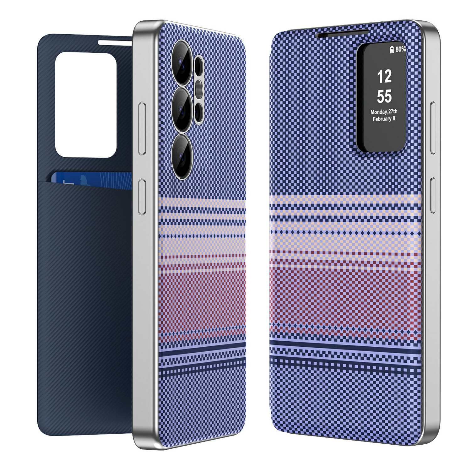 For Samsung Galaxy S24 Ultra Case Card Slot View Window Gradient Color Checkered Pattern Leather Phone Cover - Lavender Purple