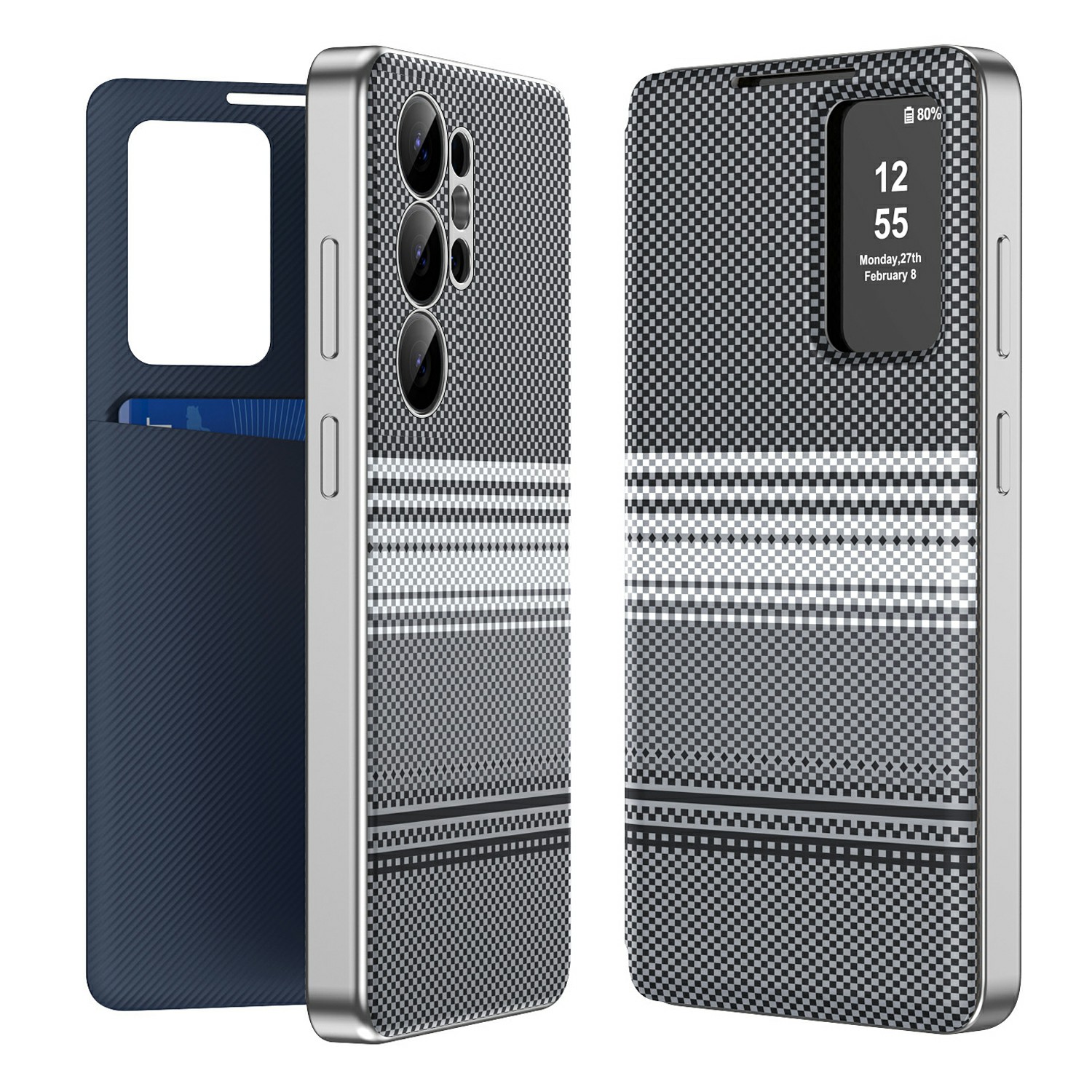 For Samsung Galaxy S25 Ultra Case Card Slot View Window Gradient Color Checkered Pattern Leather Phone Cover - Black