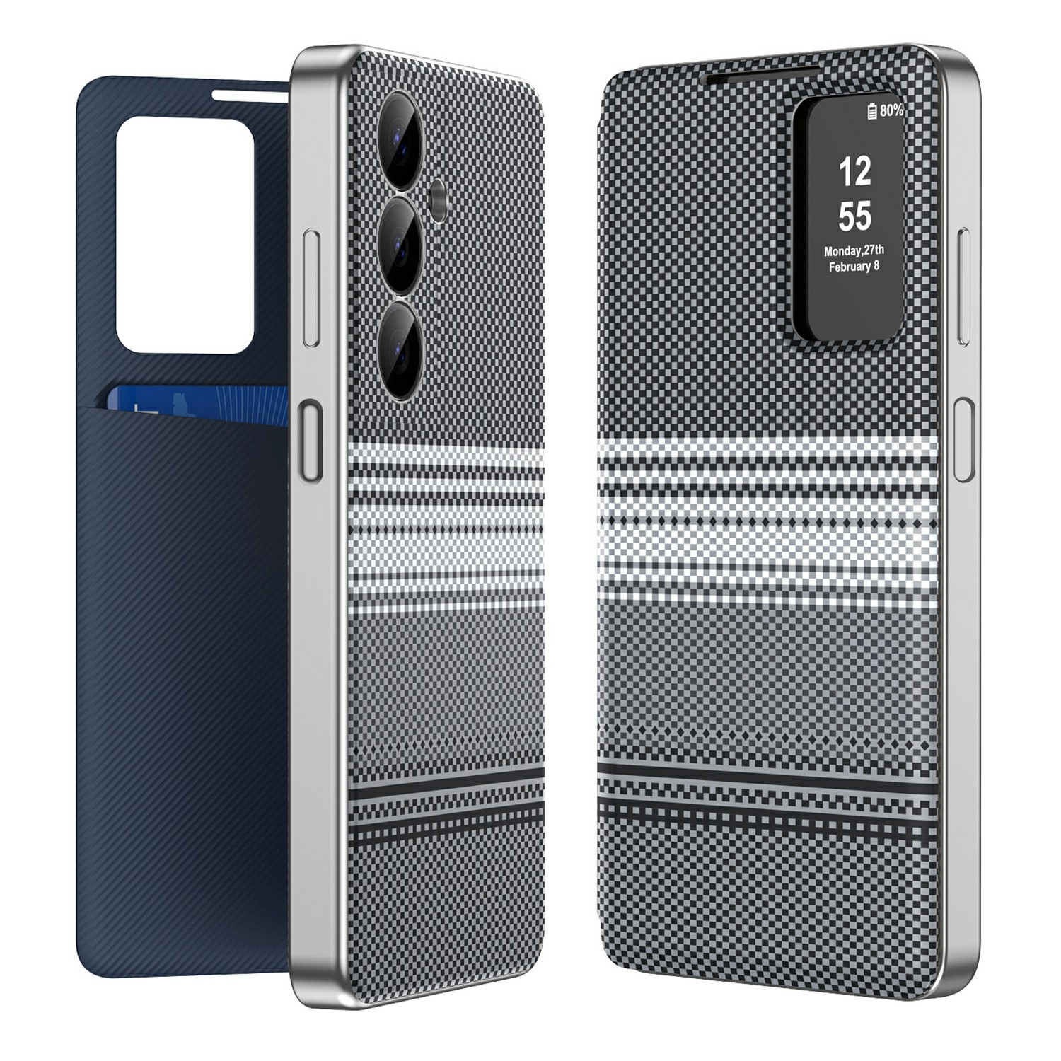 For Samsung Galaxy A16 5G  /  A16 4G Case Card Slot View Window Gradient Color Checkered Pattern Leather Phone Cover - Black