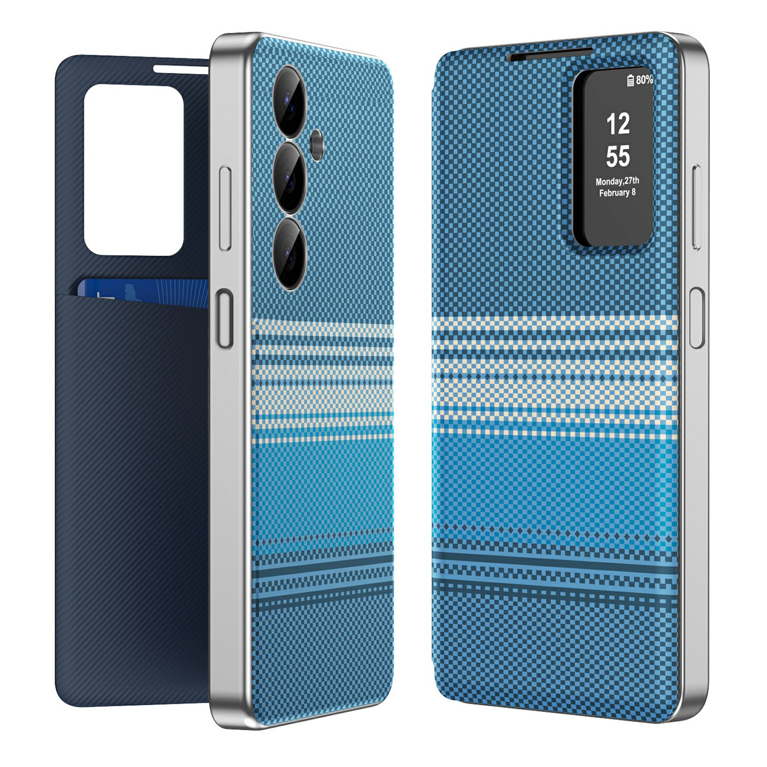 For Samsung Galaxy A16 5G  /  A16 4G Case Card Slot View Window Gradient Color Checkered Pattern Leather Phone Cover - Blue