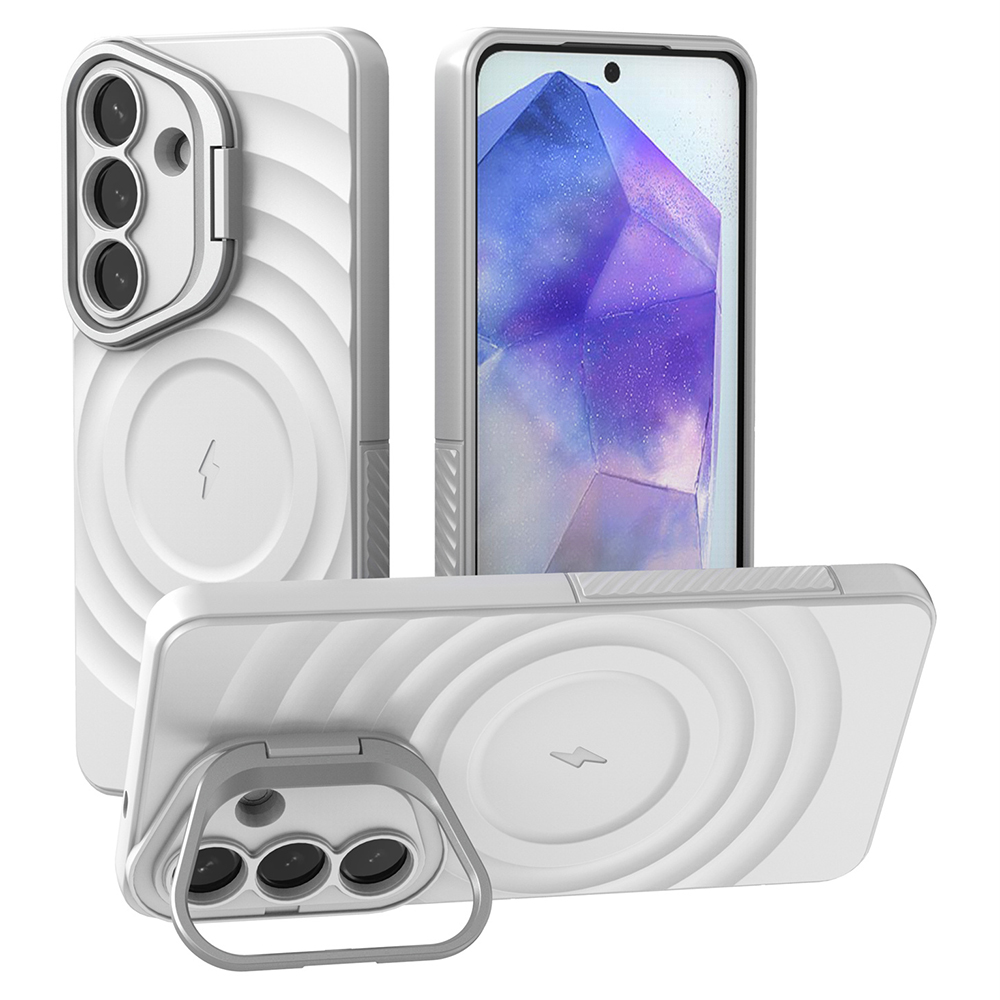 For Samsung Galaxy S26 Magnetic Case PC Kickstand Ripple Texture TPU Phone Cover - White
