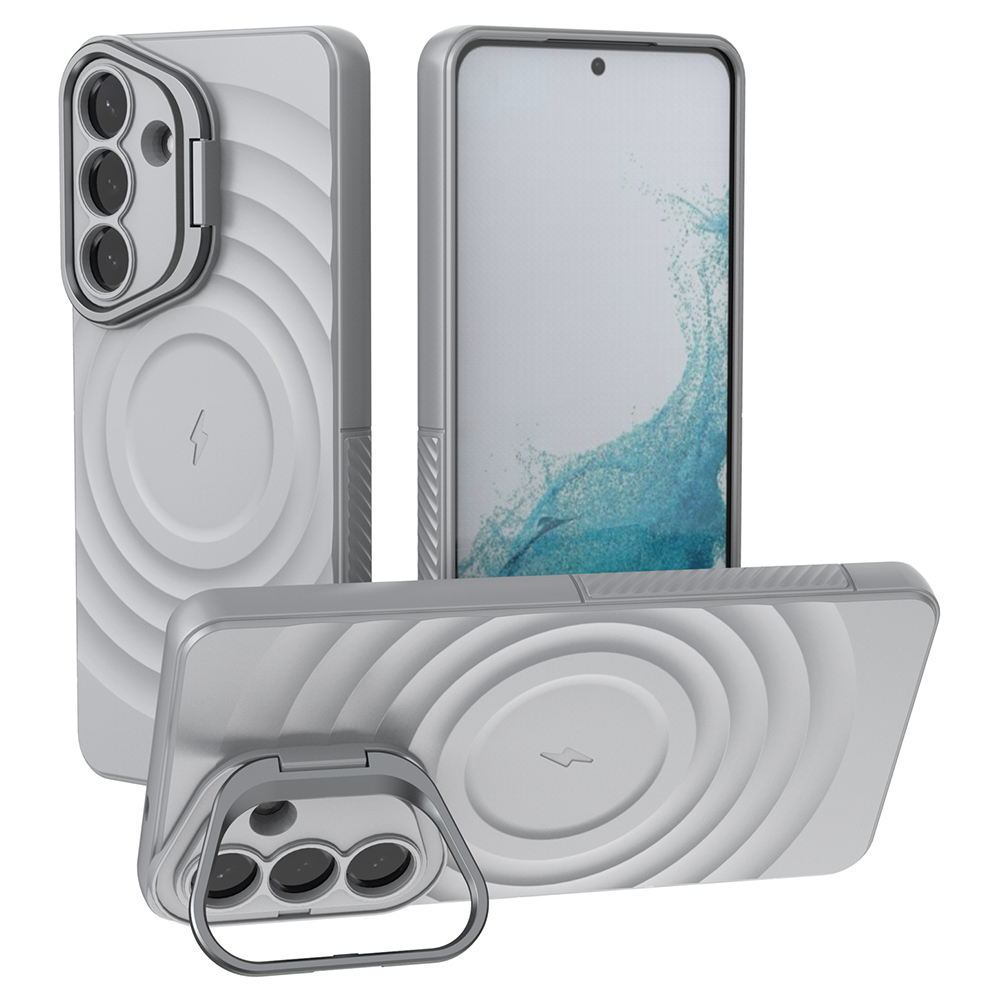 For Samsung Galaxy S26+ Magnetic Case PC Kickstand Ripple Texture TPU Phone Cover - Grey