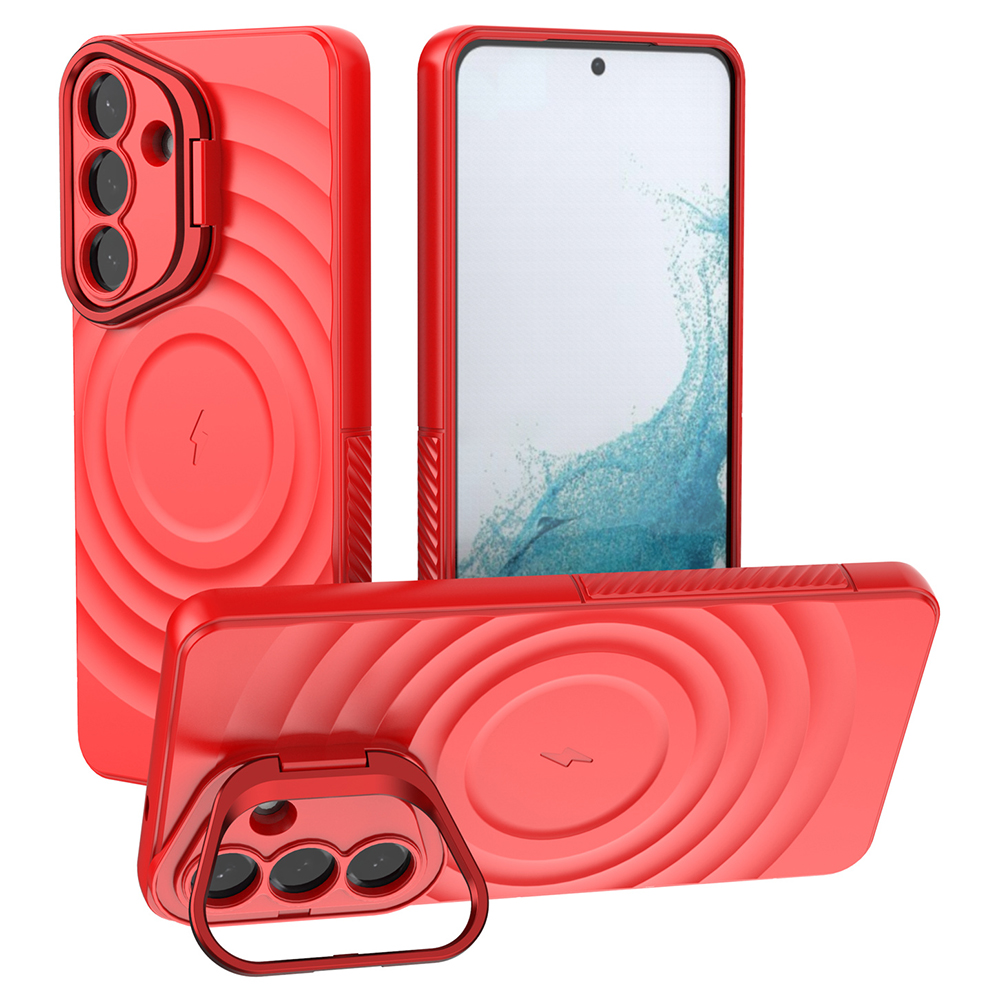 For Samsung Galaxy S26+ Magnetic Case PC Kickstand Ripple Texture TPU Phone Cover - Red