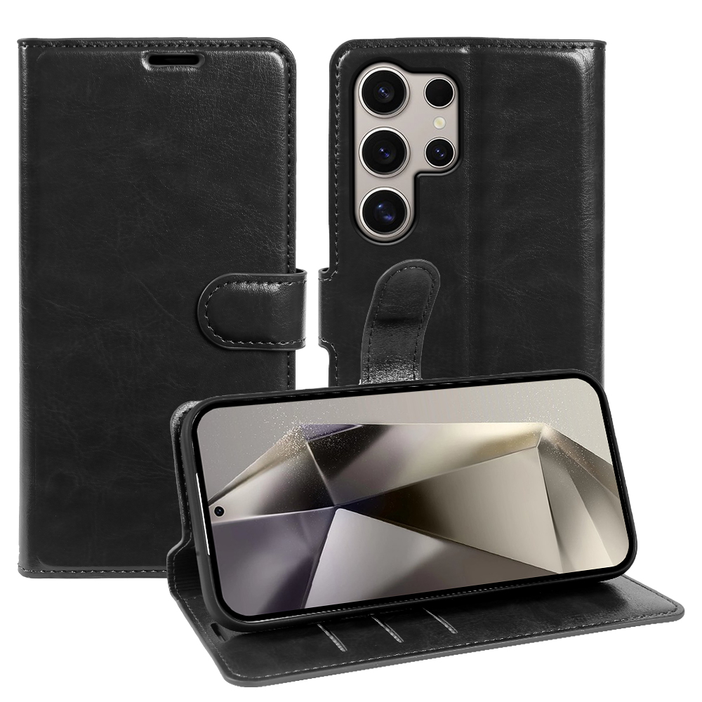 For Samsung Galaxy S24 Ultra Wallet Case Crazy Horse Texture Leather Flip Phone Cover with Magnetic Closure - Black