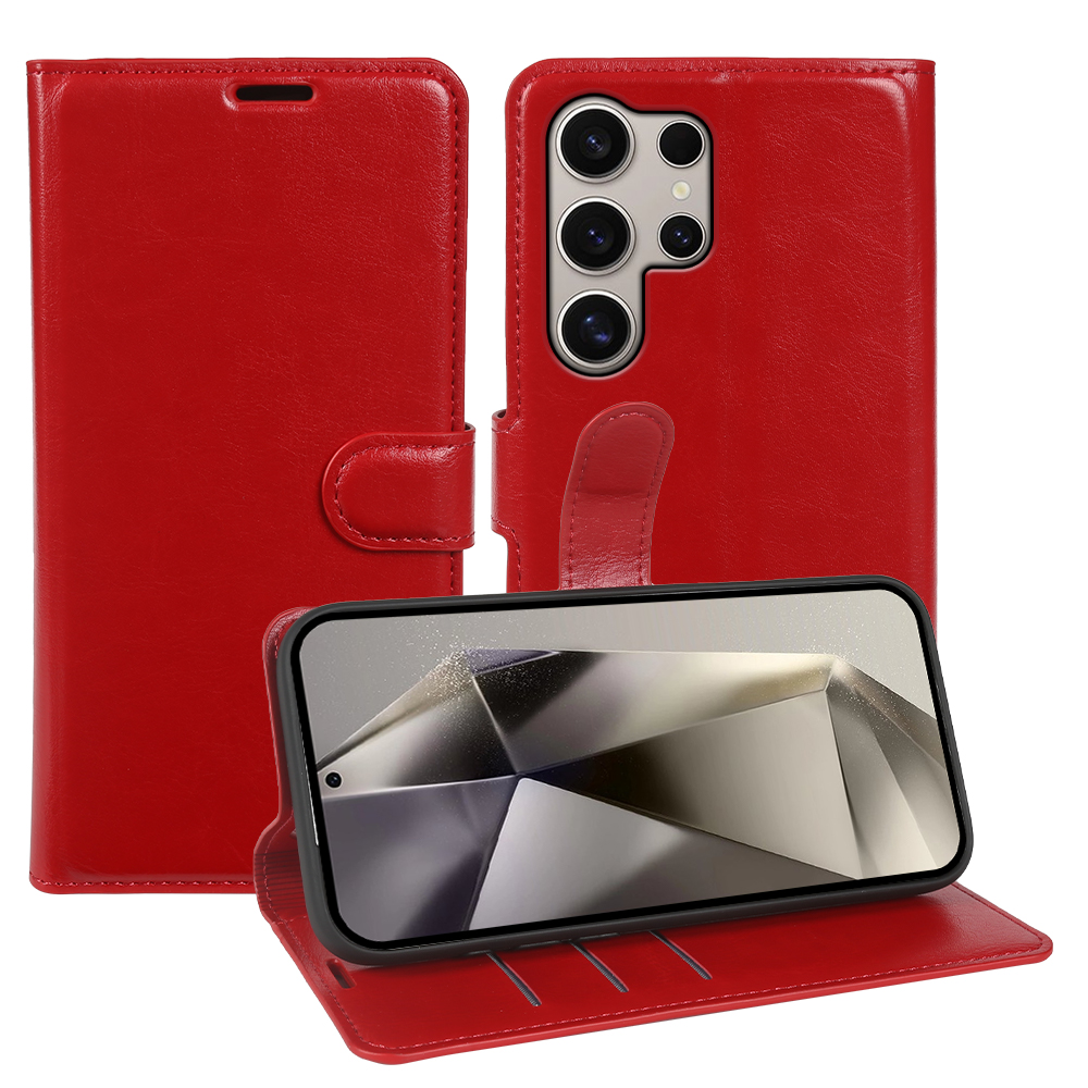 For Samsung Galaxy S24 Ultra Wallet Case Crazy Horse Texture Leather Flip Phone Cover with Magnetic Closure - Red