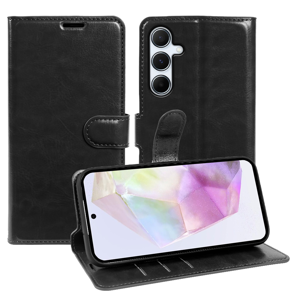 For Samsung Galaxy A55 5G Wallet Case Crazy Horse Texture Leather Flip Phone Cover with Magnetic Closure - Black
