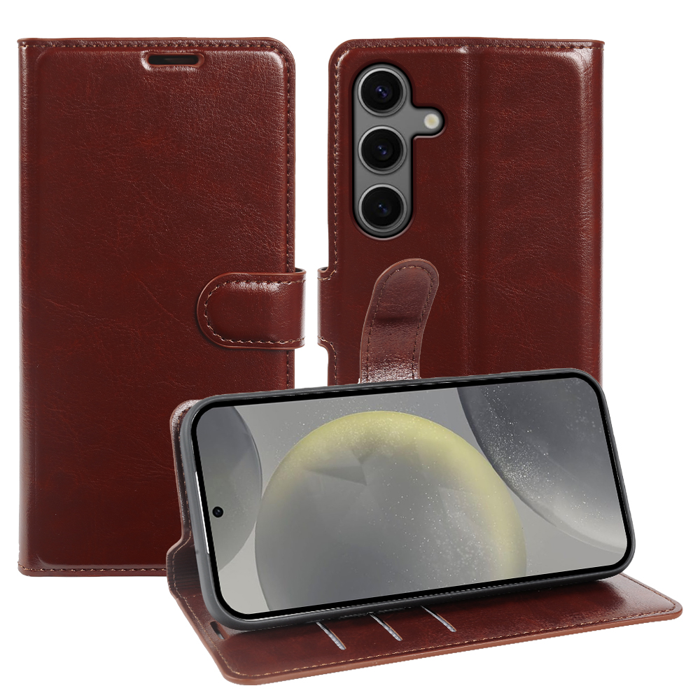 For Samsung Galaxy S24 Wallet Case Crazy Horse Texture Leather Flip Phone Cover with Magnetic Closure - Brown