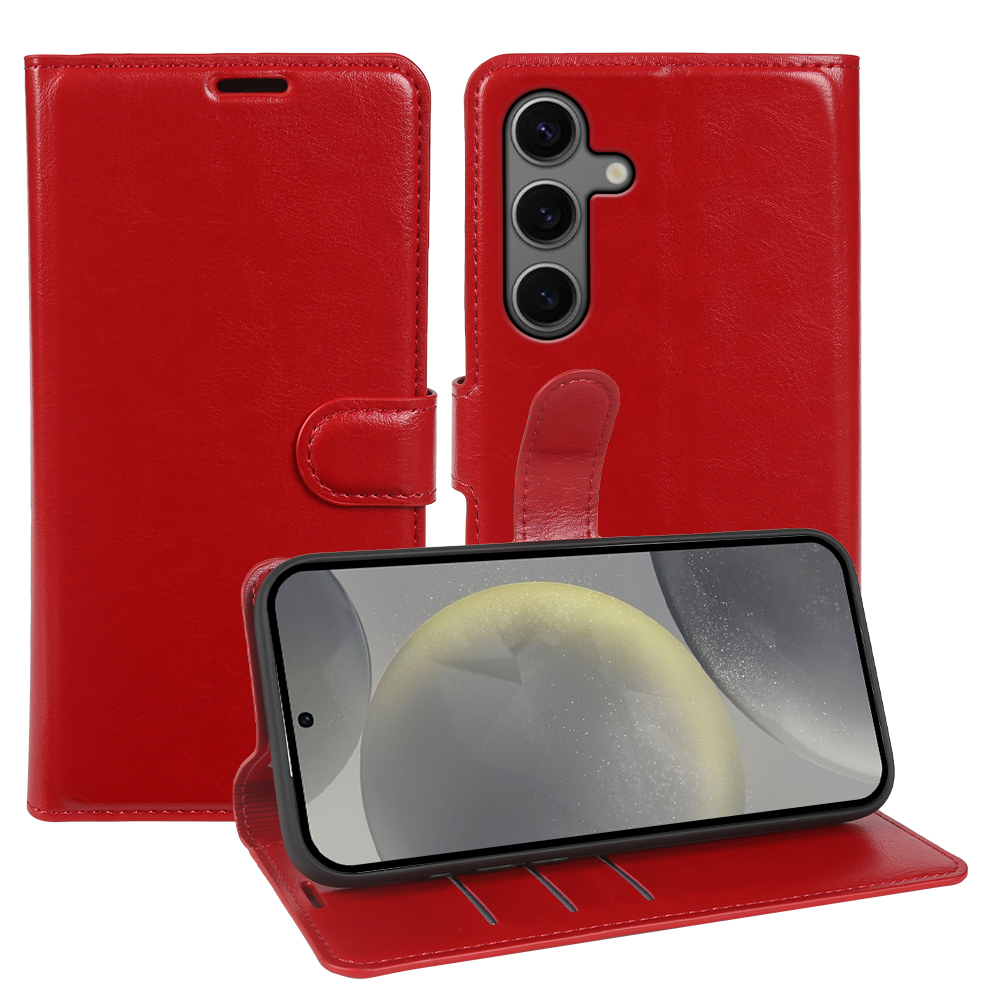 For Samsung Galaxy S24 Wallet Case Crazy Horse Texture Leather Flip Phone Cover with Magnetic Closure - Red