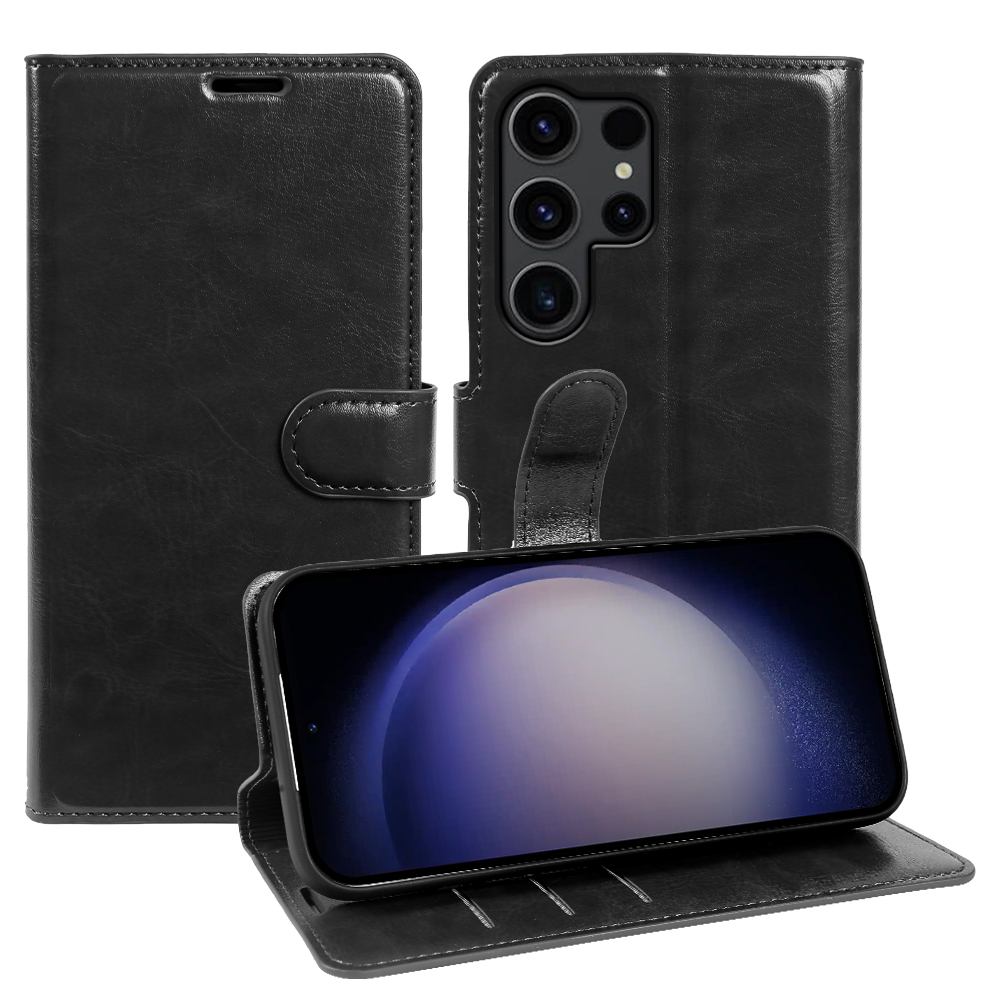 For Samsung Galaxy S23 Ultra Wallet Case Crazy Horse Texture Leather Flip Phone Cover with Magnetic Closure - Black