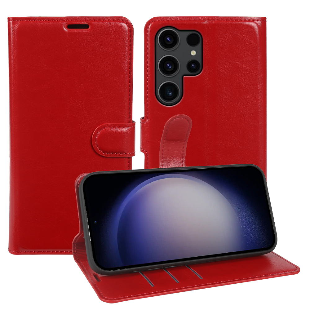 For Samsung Galaxy S23 Ultra Wallet Case Crazy Horse Texture Leather Flip Phone Cover with Magnetic Closure - Red